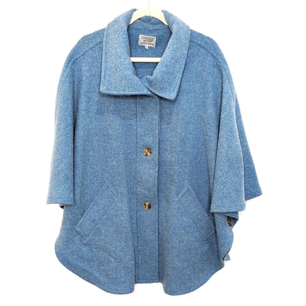 New Boyne Valley Weavers Womens XL Cape Sweater Lambswool Wool Blue Button